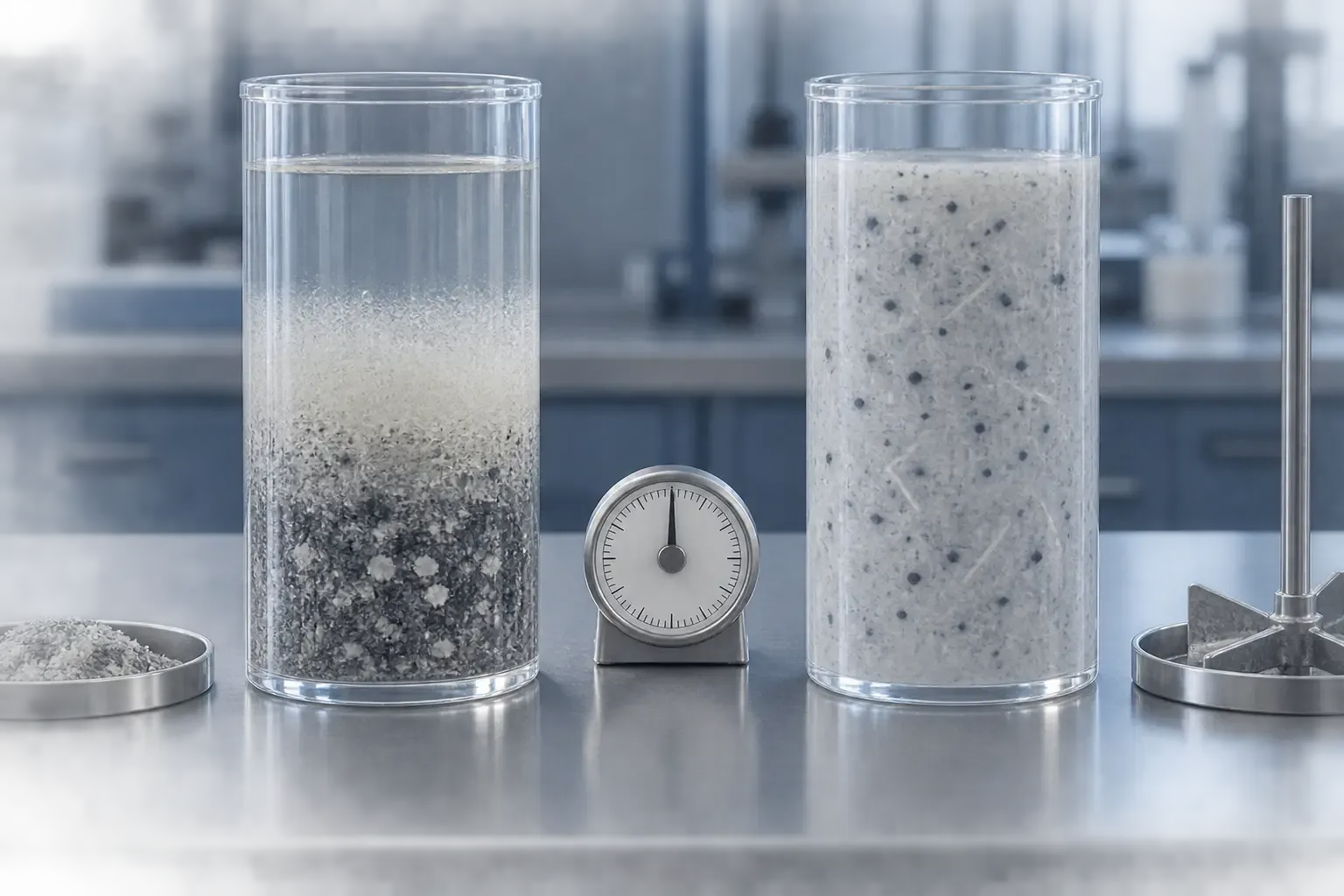 Controlled settling and remix comparison of polyester filler samples
