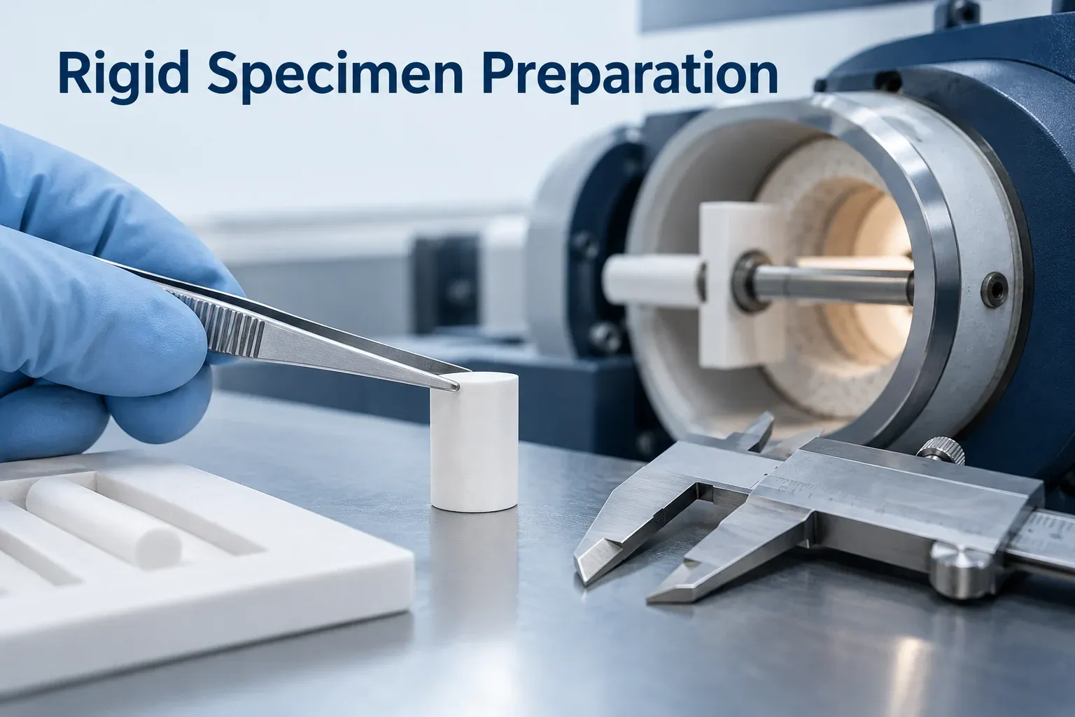 Small rigid ceramic specimen beside a caliper and blank preparation card
