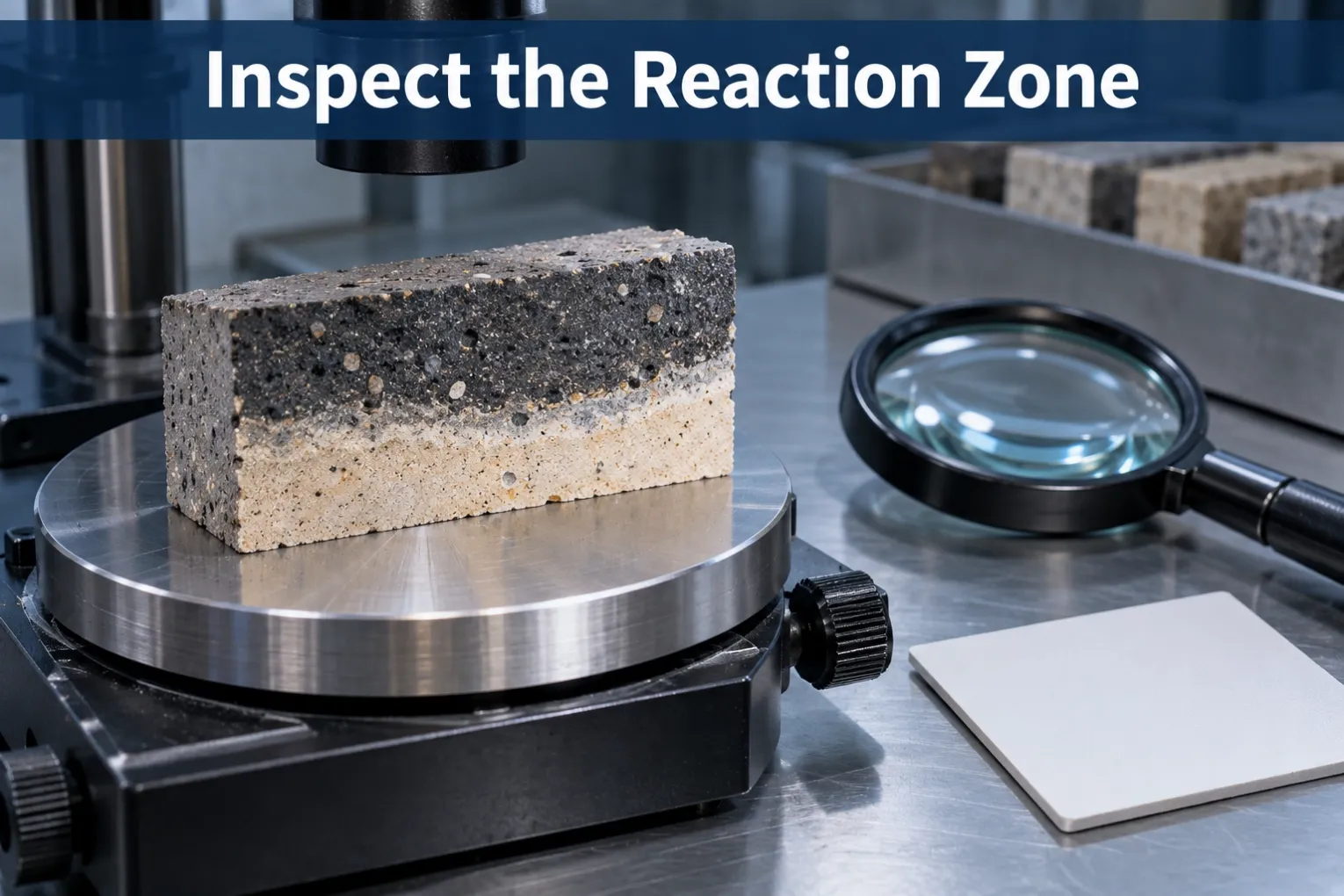 Inspect the Reaction Zone Cut refractory coupon illustrating reaction-zone inspection