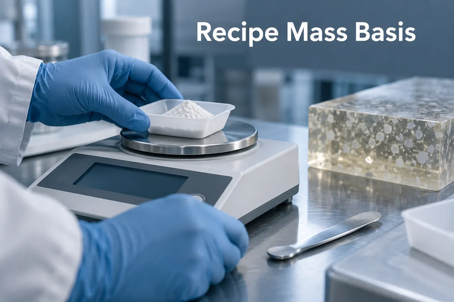 Gloved hands weighing a pale mineral sample on a laboratory balance
