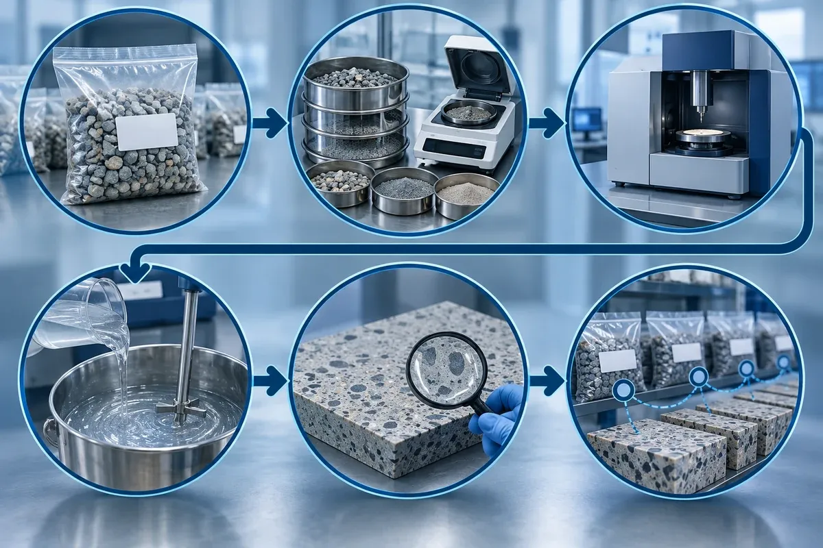 Illustrative workflow from representative filler sampling and incoming checks to controlled resin-slab trials and lot traceability