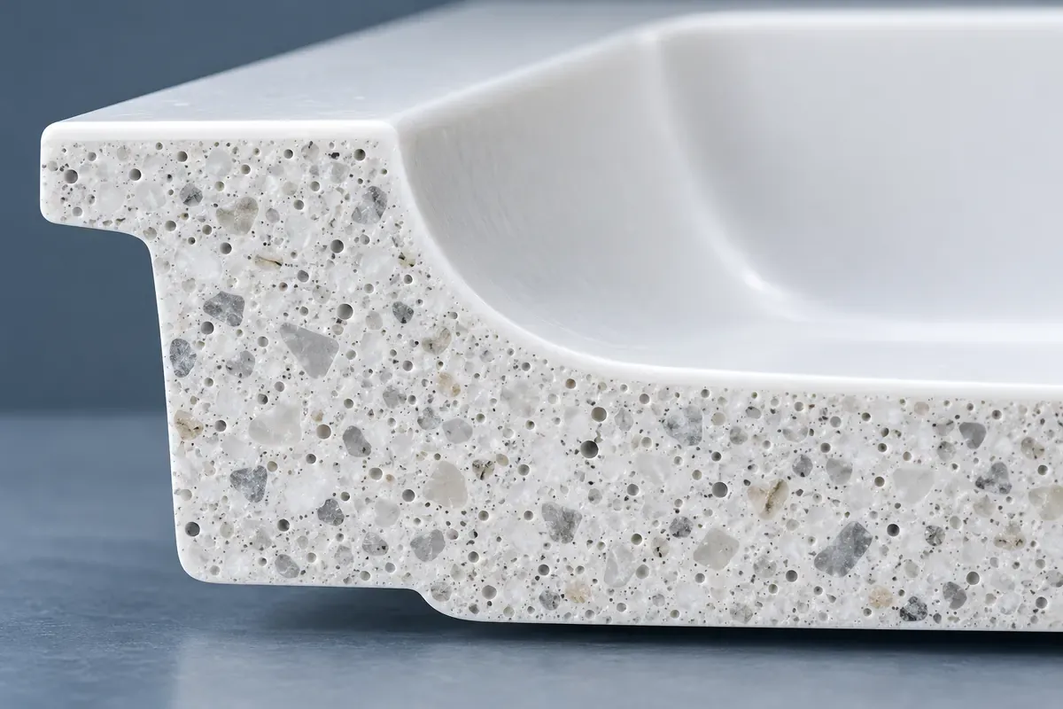 Macro cutaway of an acrylic mineral-cast sink showing fine filler and small pores within the section