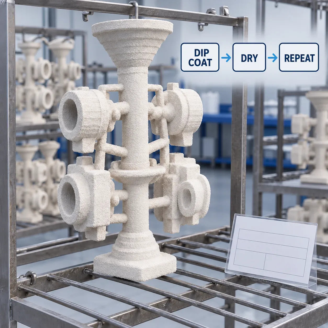 Investment-casting shell tree beside a labeled dip-coat, dry and repeat sequence.