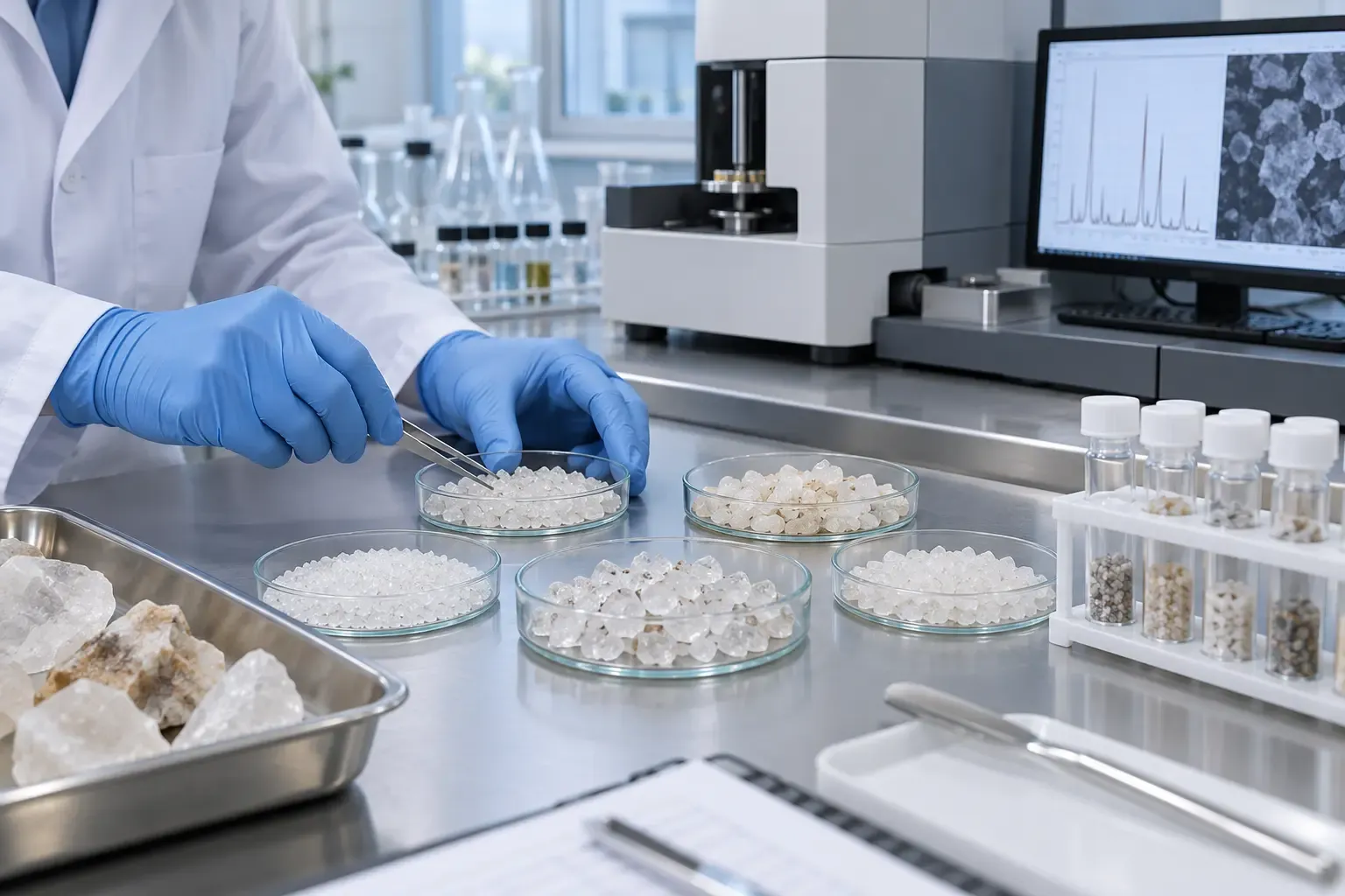 Quartz sand samples arranged for impurity and phase screening in a laboratory