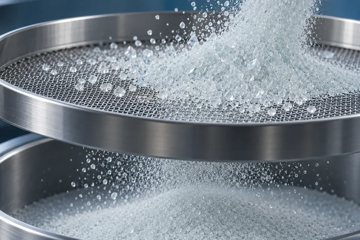 Illustrative close-up of fine glass powder passing across a precision sieve without depicting a measured test result