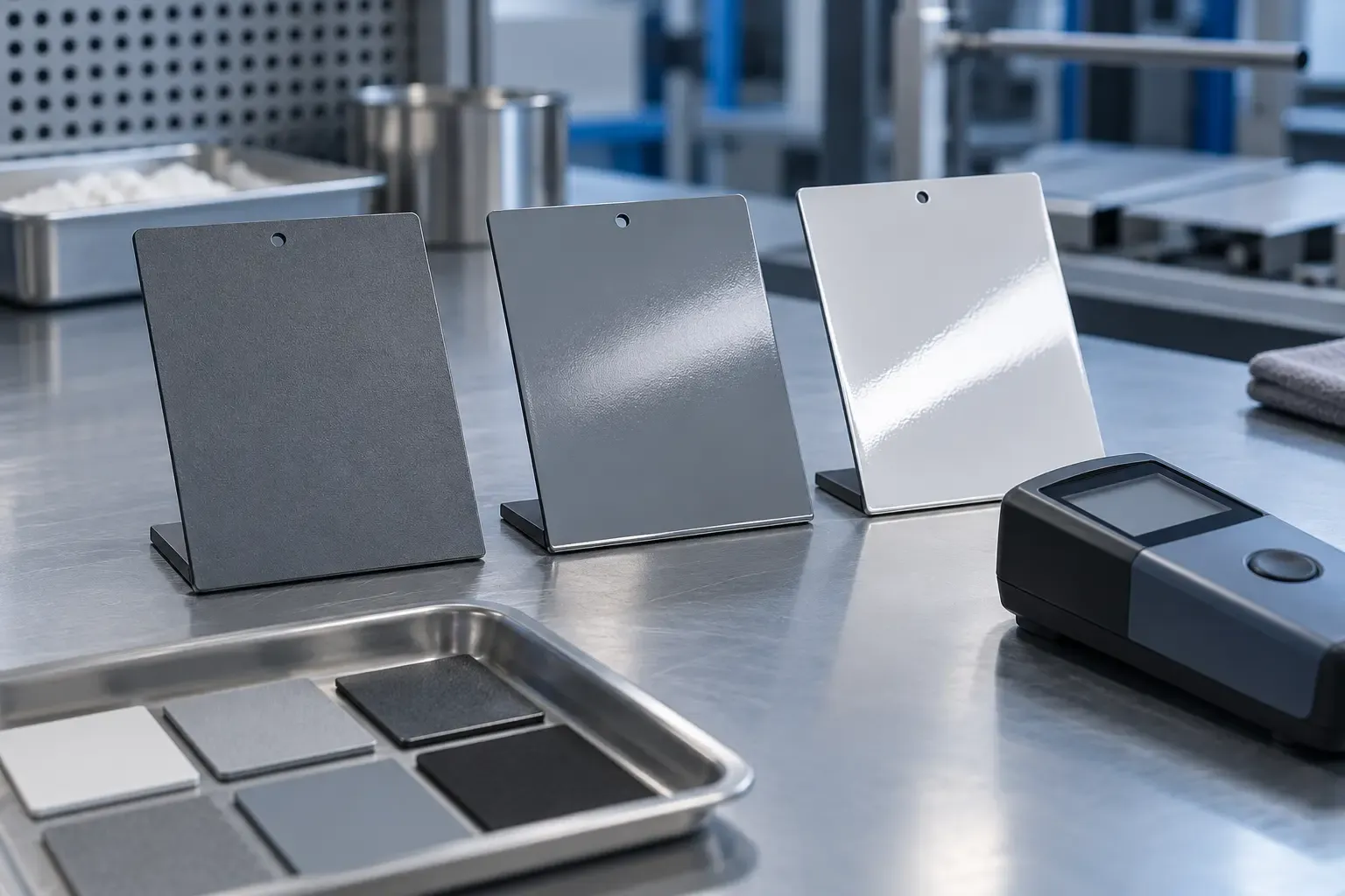 Powder coating test panels arranged for gloss comparison