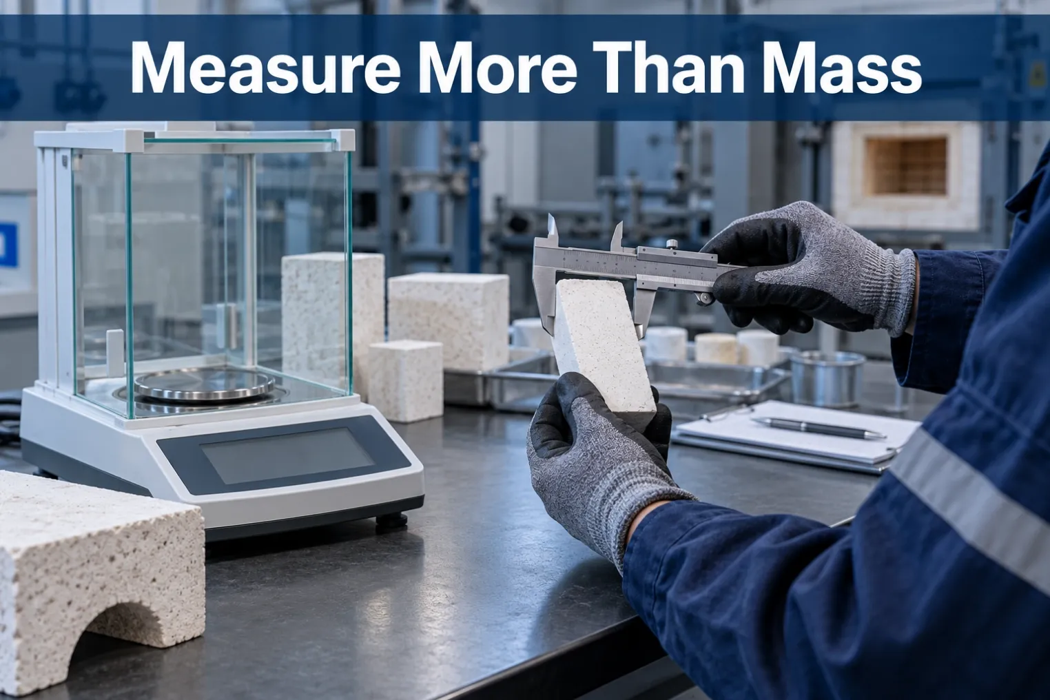 Measure More Than Mass Technician measuring a refractory specimen beside a laboratory balance