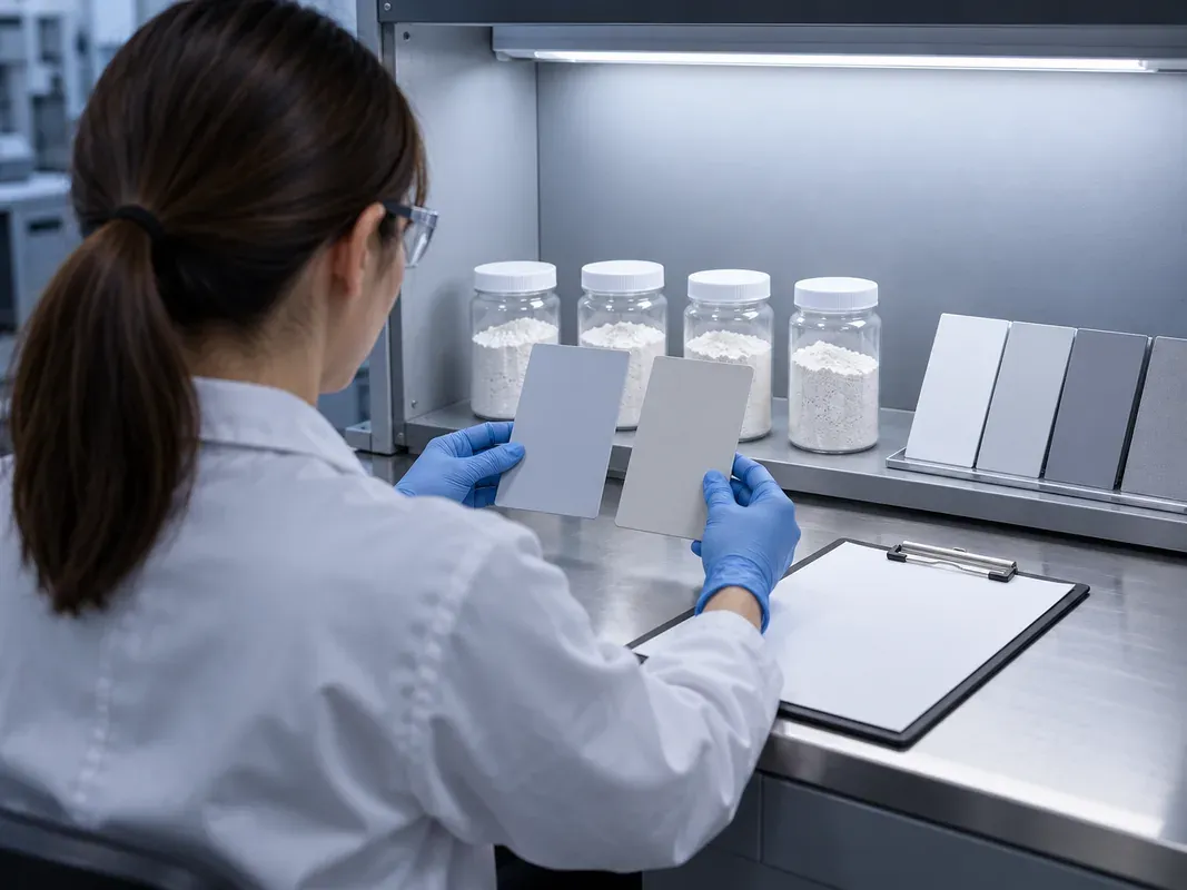 Technician comparing coating swatches with retained powder samples