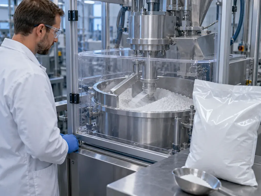 Quality worker reviewing sample jars and sealed powder bags
