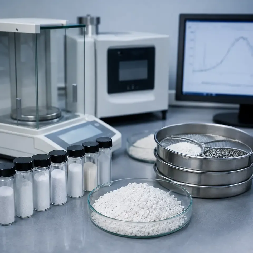 Silica powder certificate of analysis review beside sample containers and laboratory records