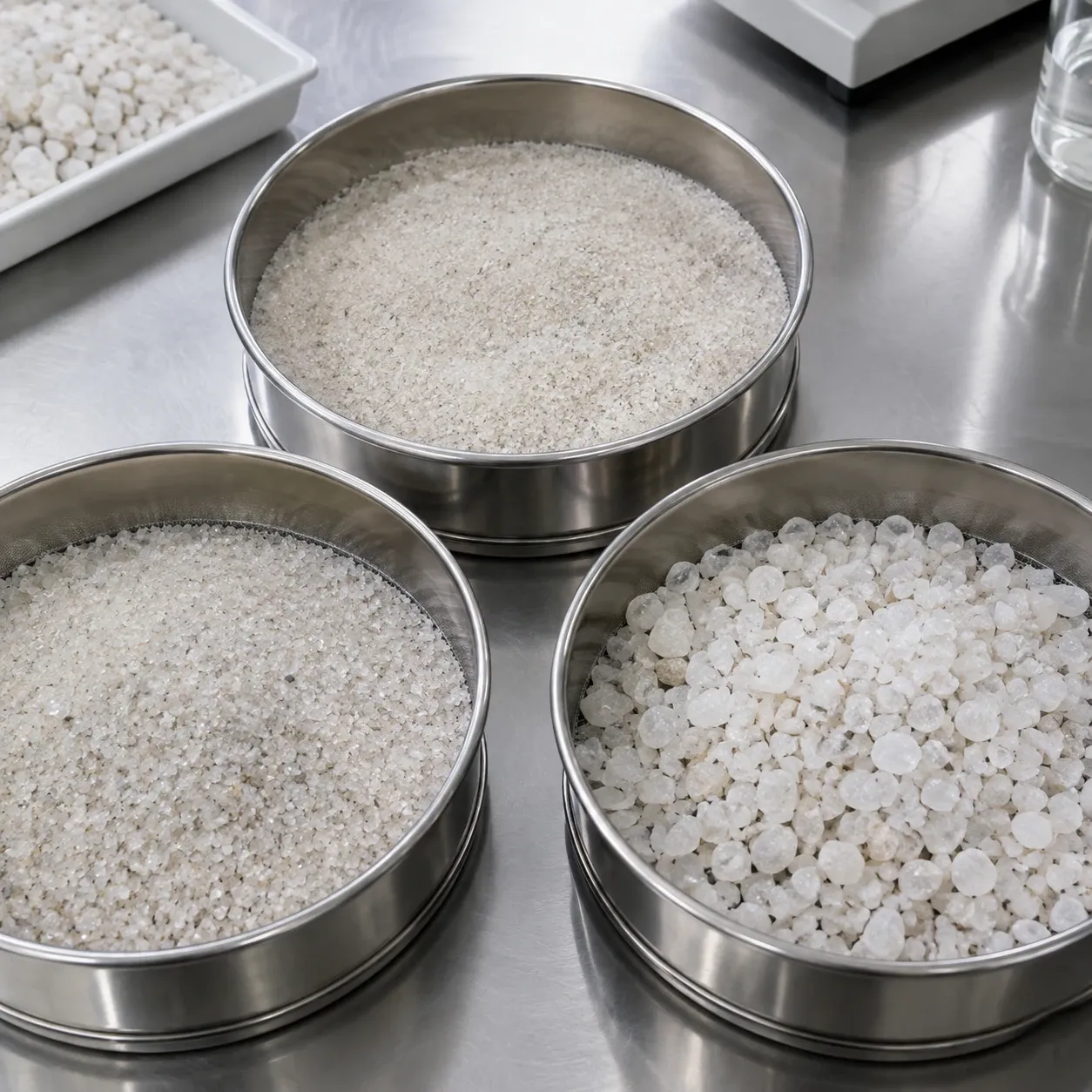 Fine medium and coarse quartz sand aggregate fractions arranged for grading inspection