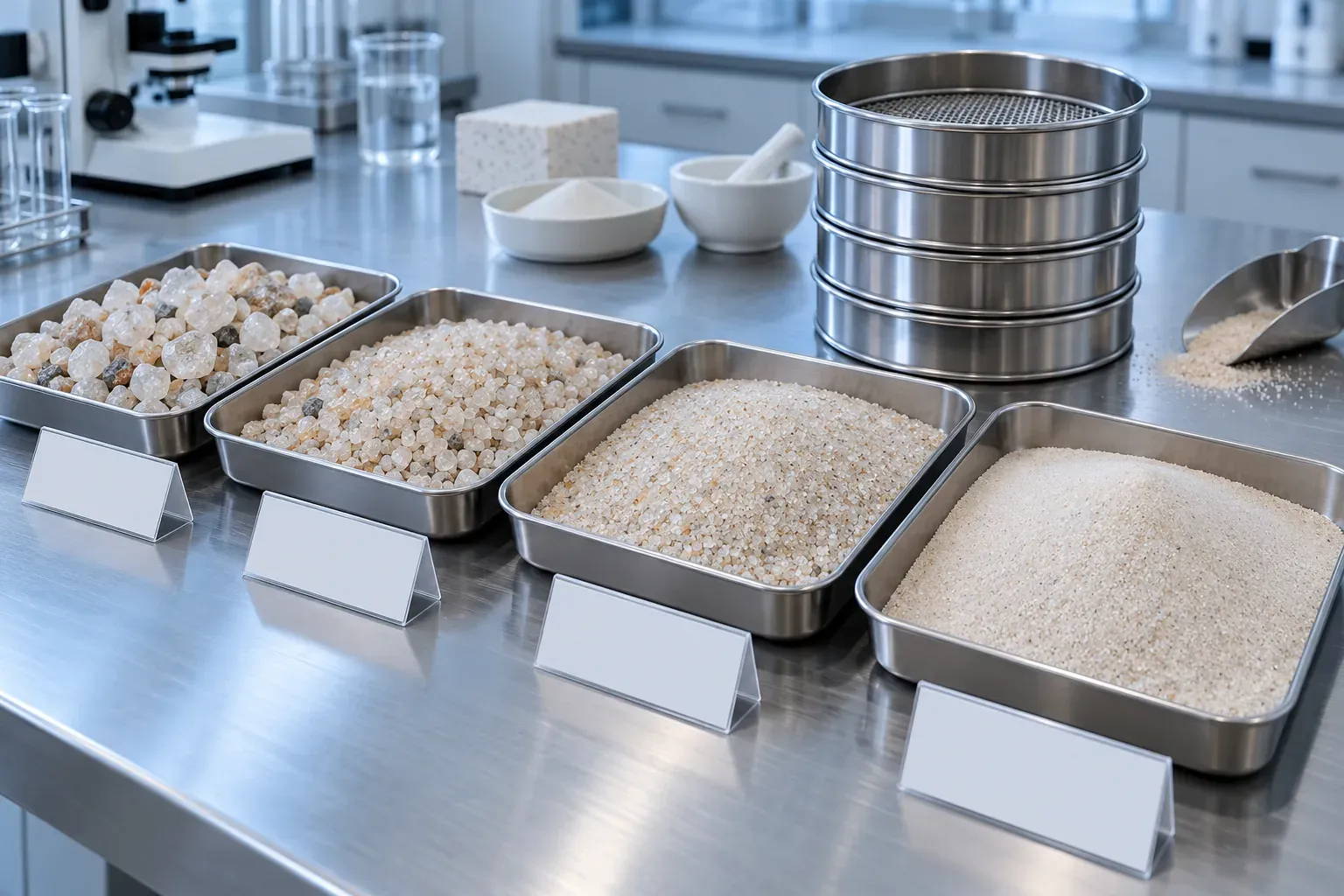 Separate trays of raw batch materials and fired specimens on a laboratory bench, illustrating a before-and-after evidence workflow.