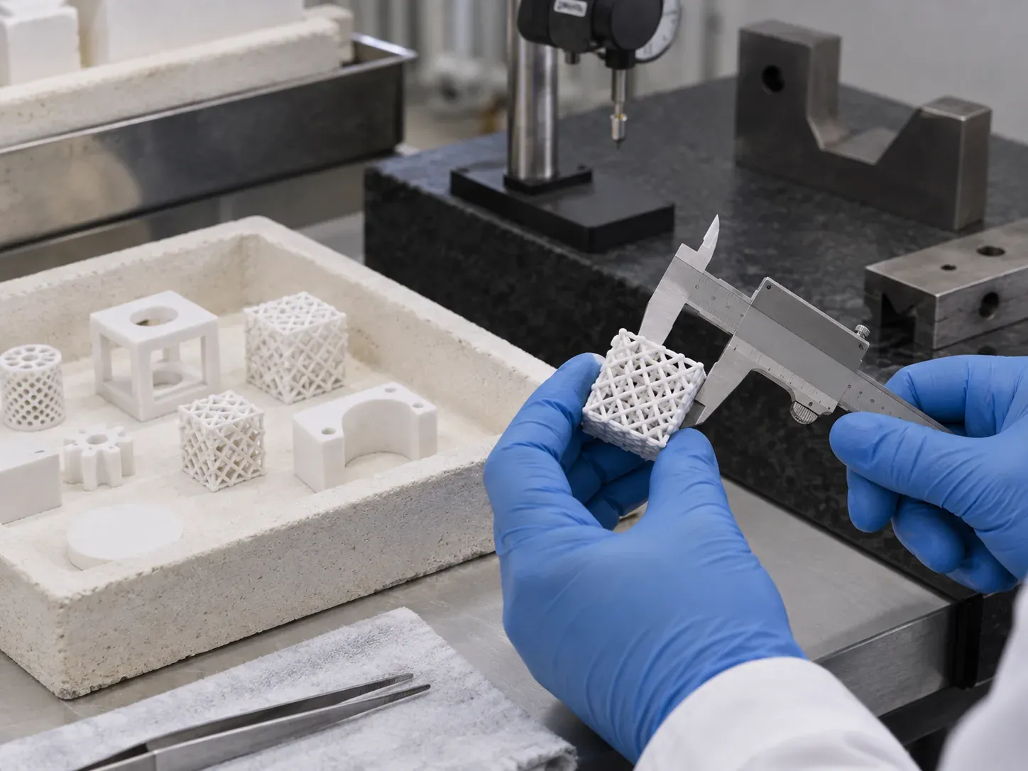 Inspection of printed fused quartz coupons after debinding and firing