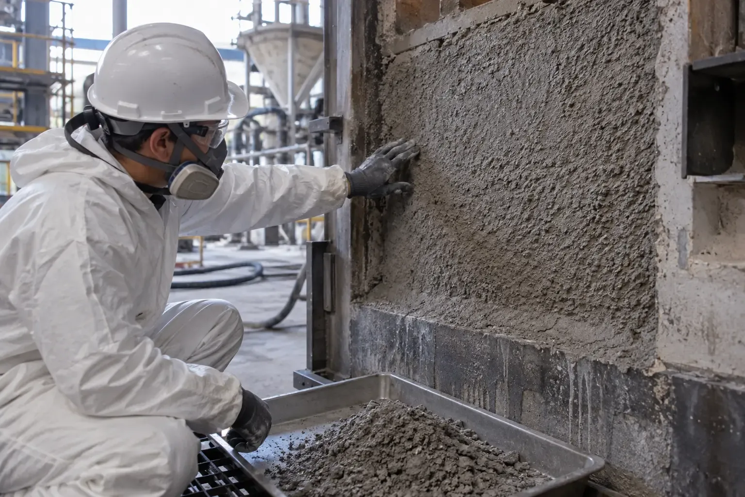 Refractory gunning adhesion and rebound inspection on a repaired wall panel