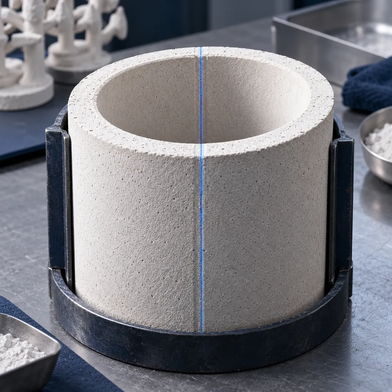 A close view of a ceramic casting flask with its liner seam subtly highlighted, illustrating inspection of seam and contact areas.