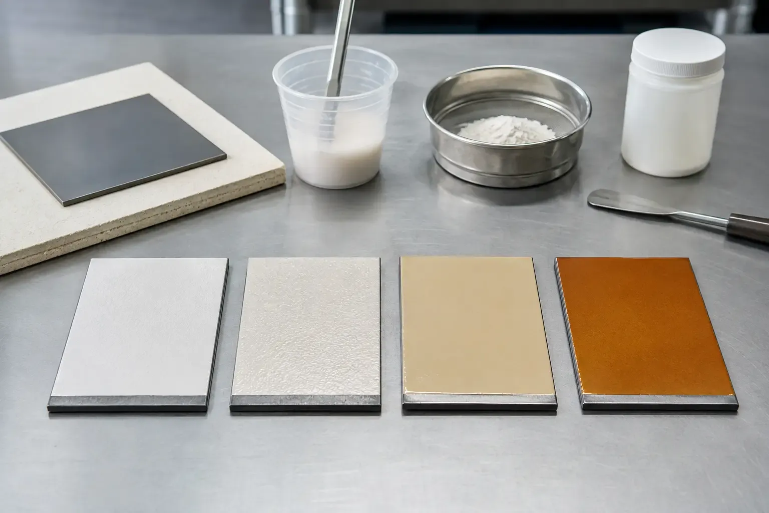 Enamel glaze test panels showing pinholes and crawling during defect identification