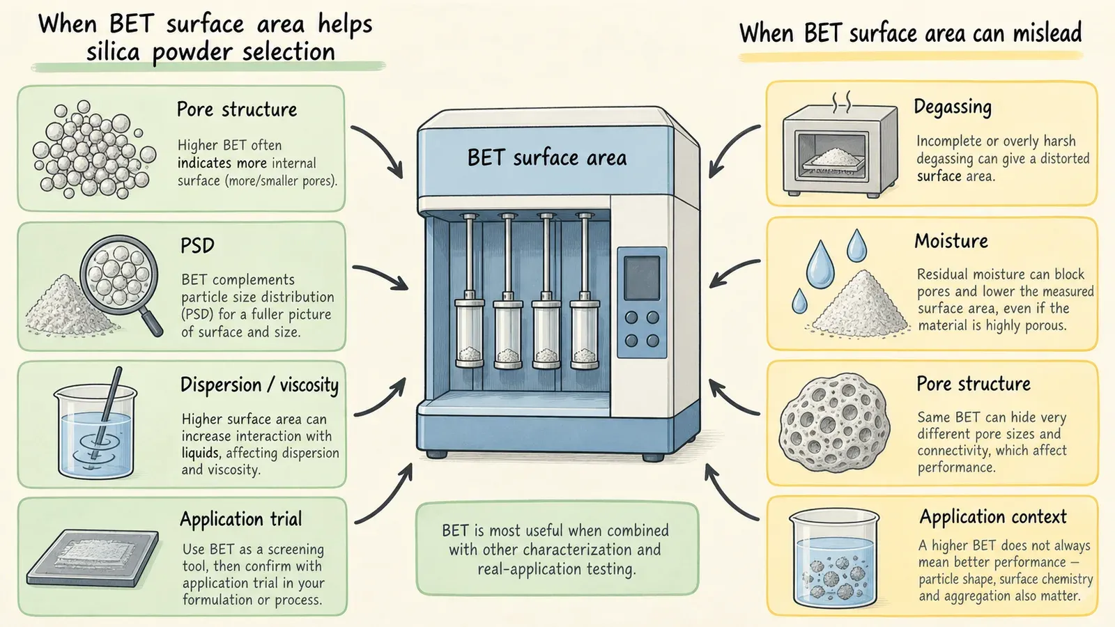 BET surface area interpretation framework for silica powder selection