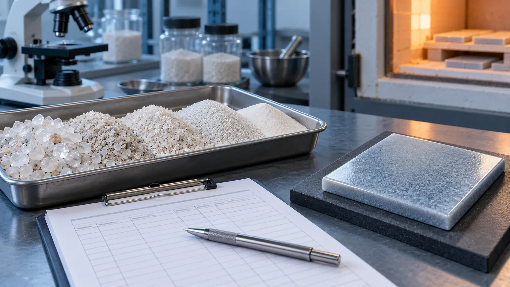 Several raw material fractions and sieves on a laboratory bench, illustrating incoming material qualification for a glass ceramic batch.