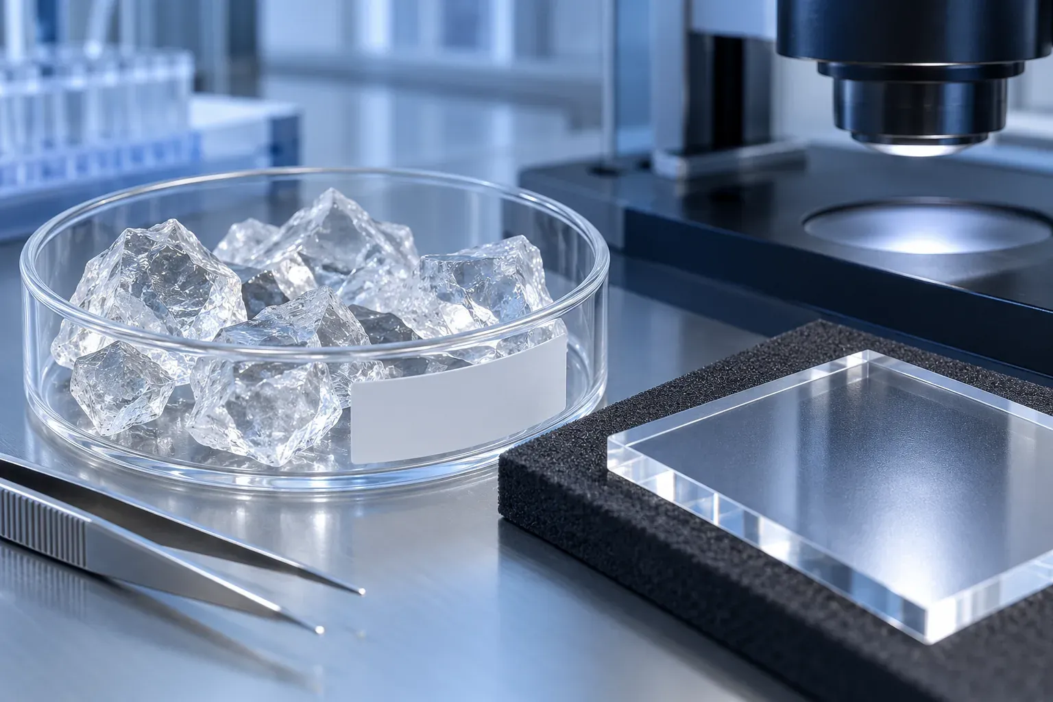 Clear quartz fragments and a glass specimen beside inspection tools in a laboratory, illustrating raw material review and defect diagnosis.