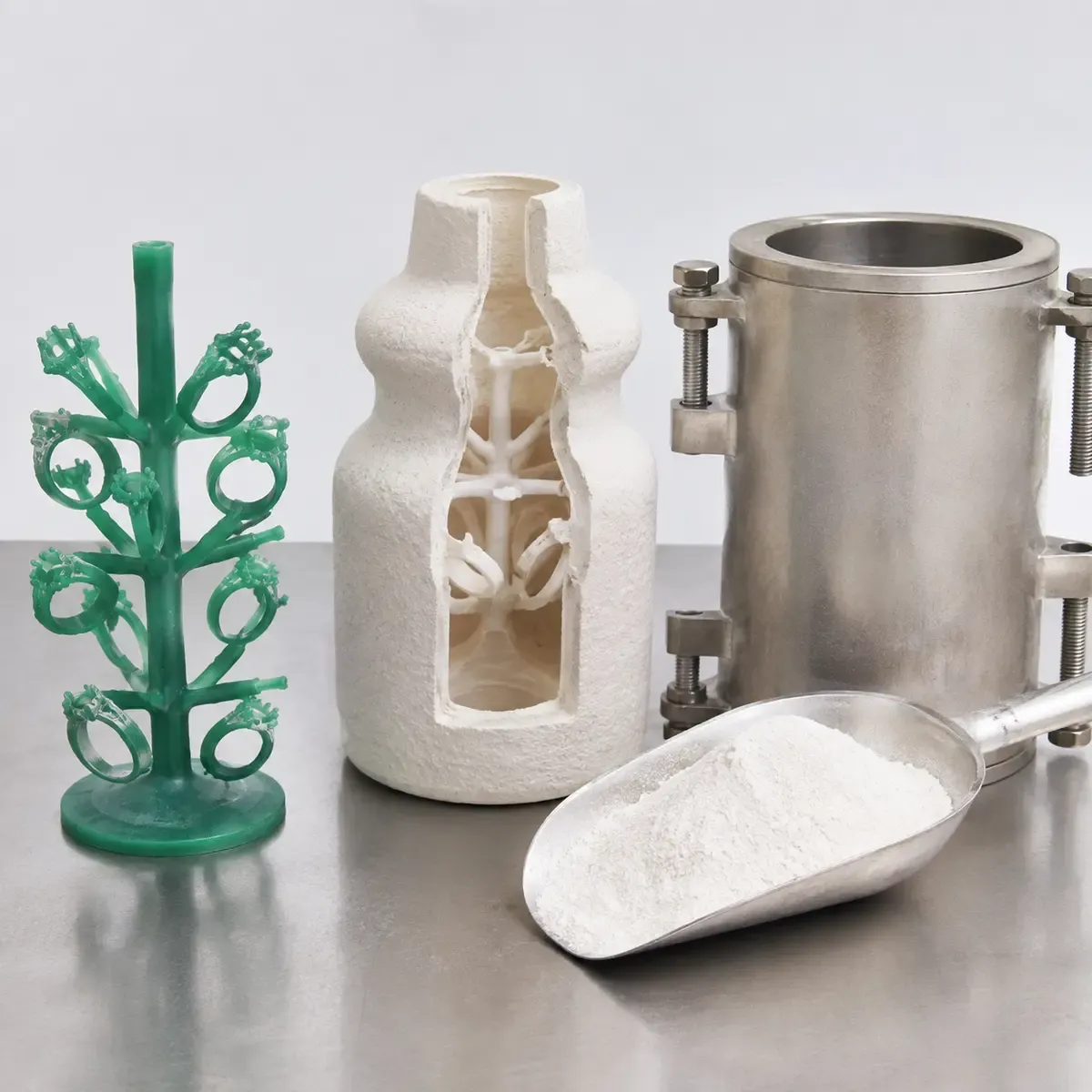 Cristobalite powder in jewelry casting process setup