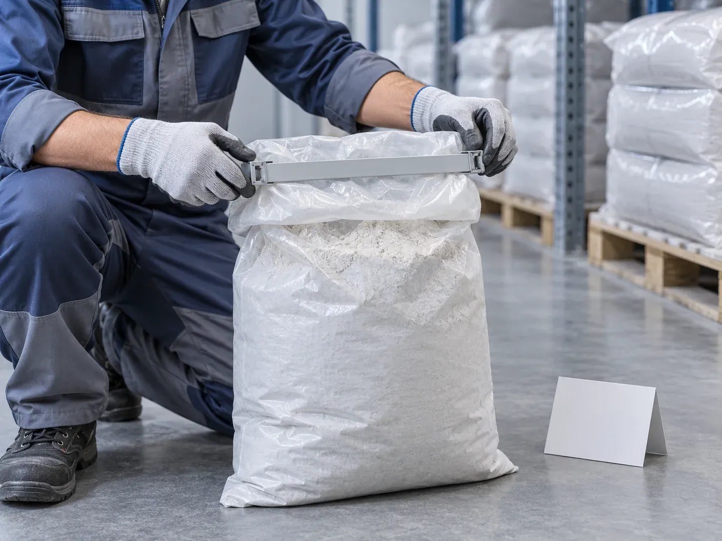 Worker resealing an opened powder bag with its inner liner folded and clamped