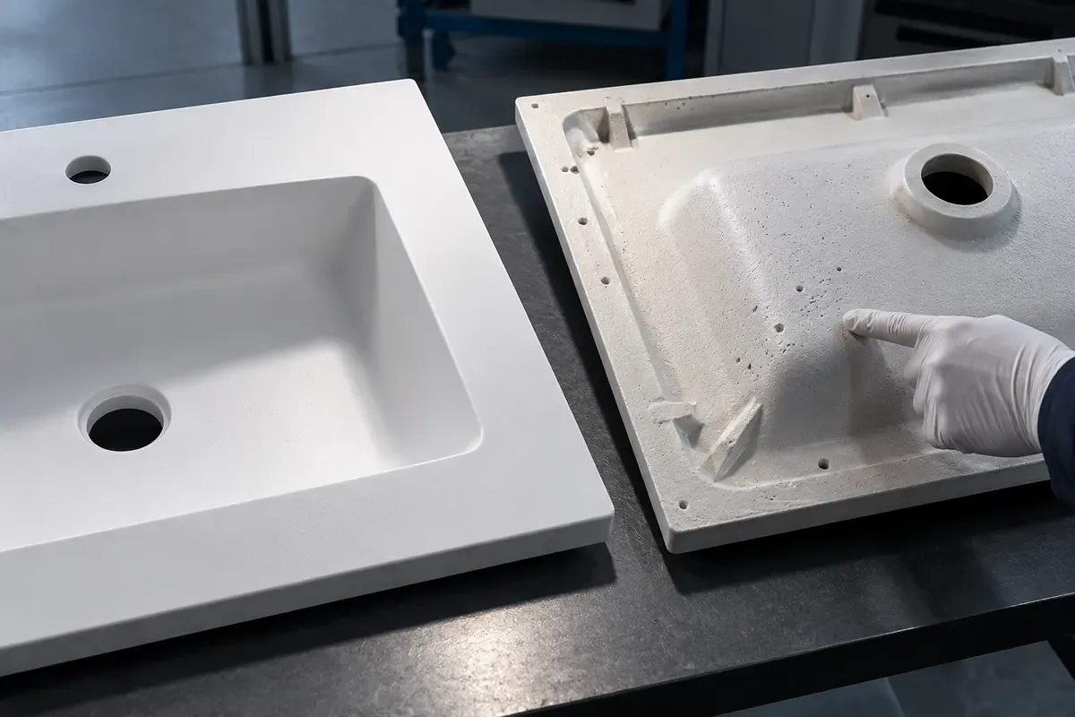 Paired views of a mineral-cast sink surface and underside for comparing subtle finish defects