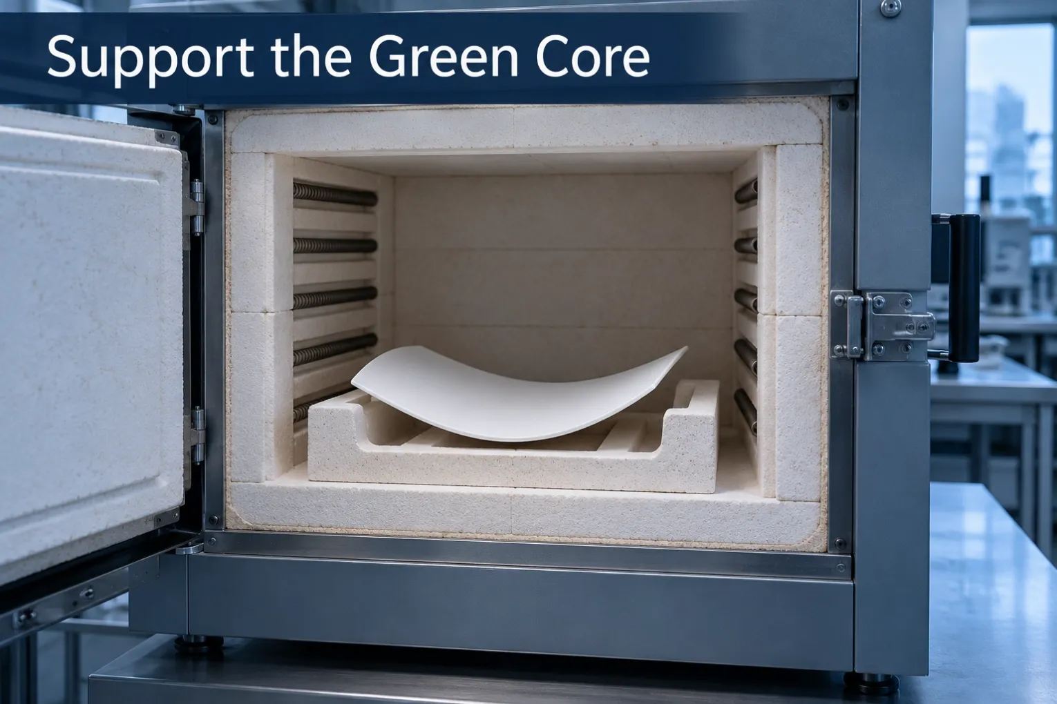 Support the Green Core Curved ceramic piece resting on a shaped furnace support