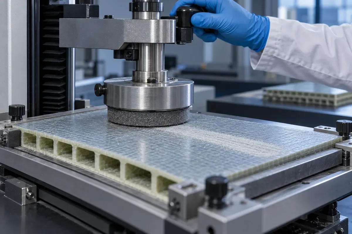 A laboratory abrasion head runs over a GFRP floor-panel coupon during a controlled wear test