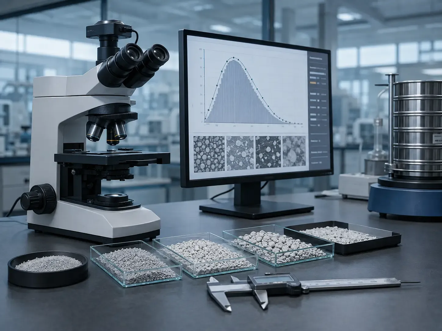 Microscope and particle-size distribution analysis for silica filler