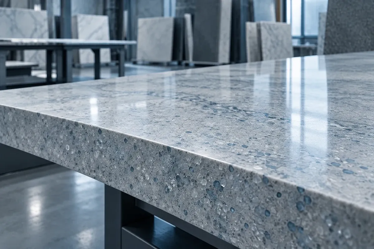Polished glass-filled engineered-stone slab in a blue-grey fabrication studio; illustrative product scene