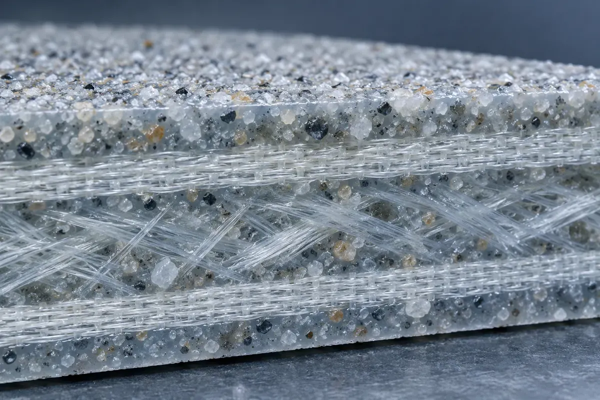 Close section of a GFRP floor panel showing resin, glass-fiber reinforcement and fine quartz grains