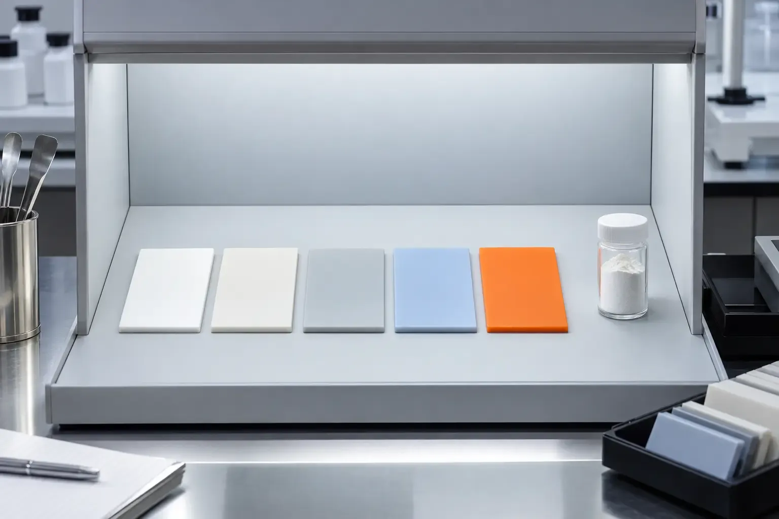 White and light-coloured silicone rubber samples evaluated with low-iron cristobalite powder