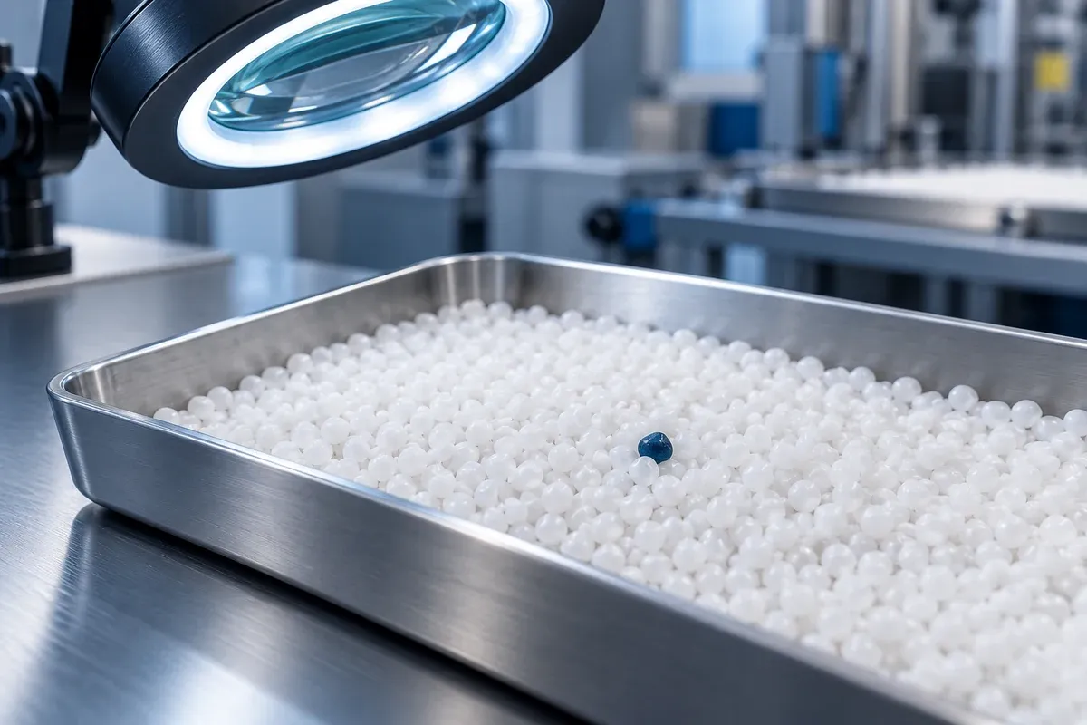Illustrative inspection tray with white granules and one contrasting grain to show count-and-denominator discipline