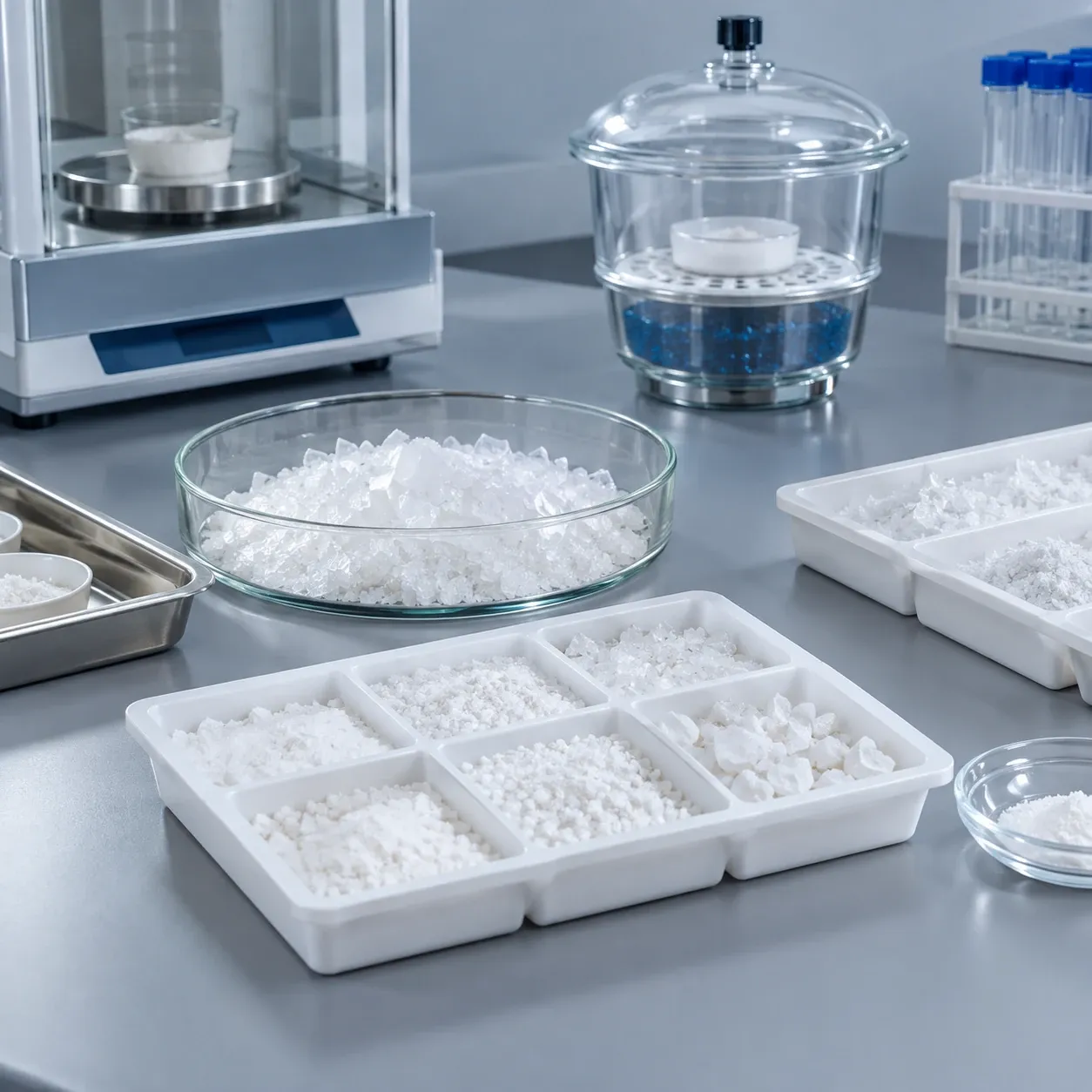 Quality-control sample trays for cristobalite filler chemistry moisture and particle-size checks