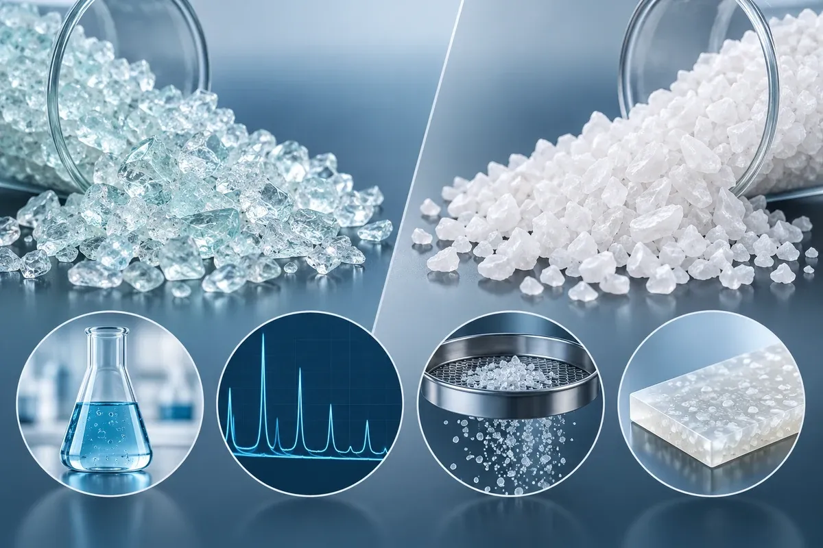 Illustrative comparison of fused glass granules and fused quartz grains with chemistry, phase, grading and slab-trial evidence