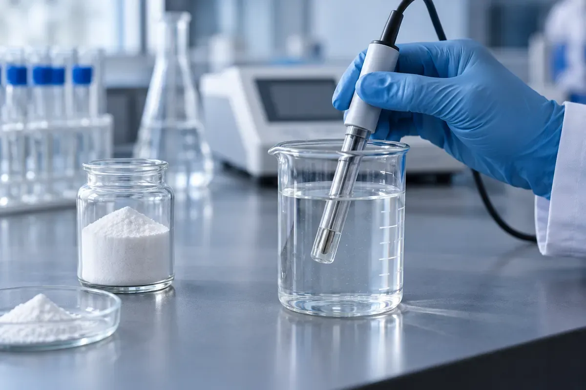 A gloved hand tests silica-filler extraction liquid in a clear beaker with a laboratory probe