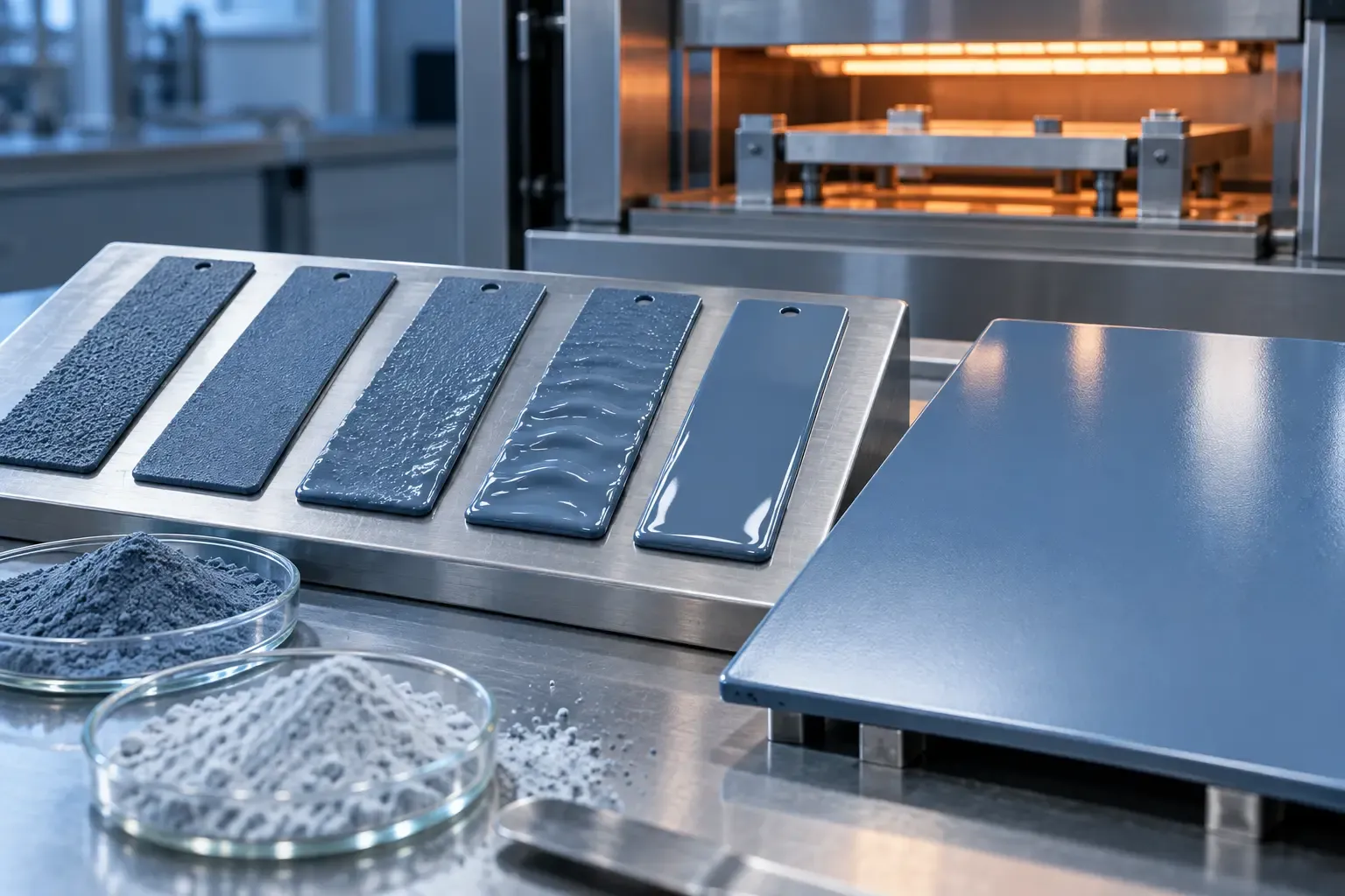 Powder coating melt-flow and surface-finish test specimens