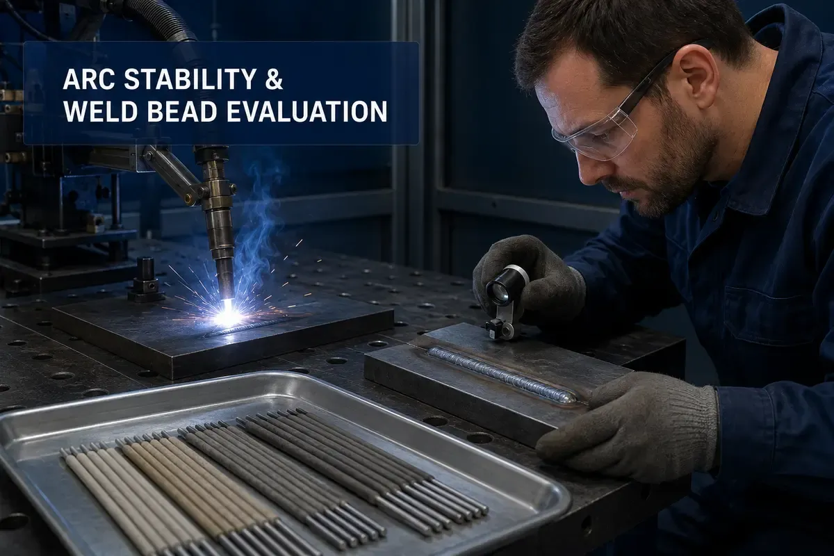 Welding electrode arc stability and weld bead evaluation during a formulation trial