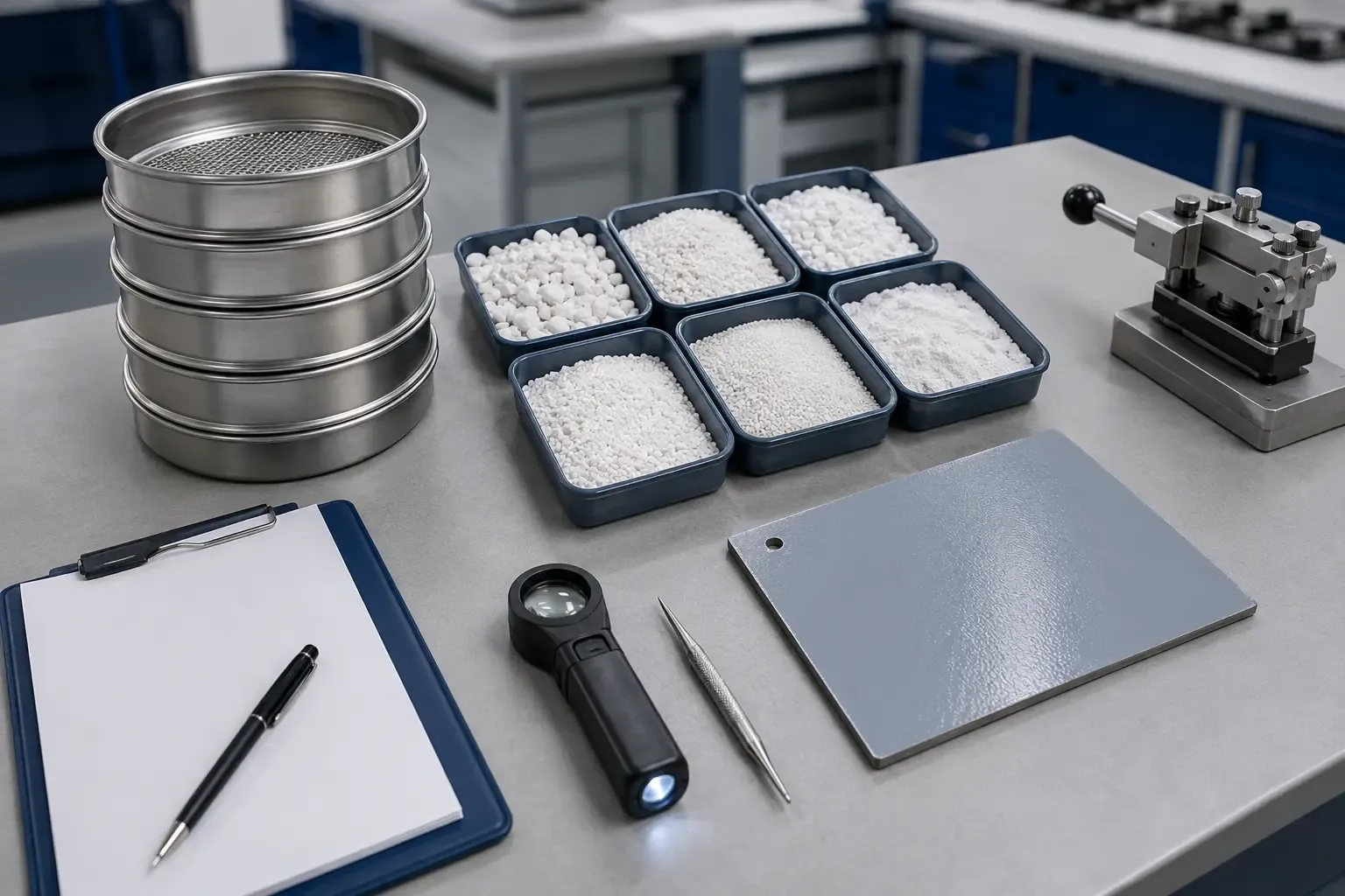 Sieve stack and enamel test panel arranged for calcined quartz quality review