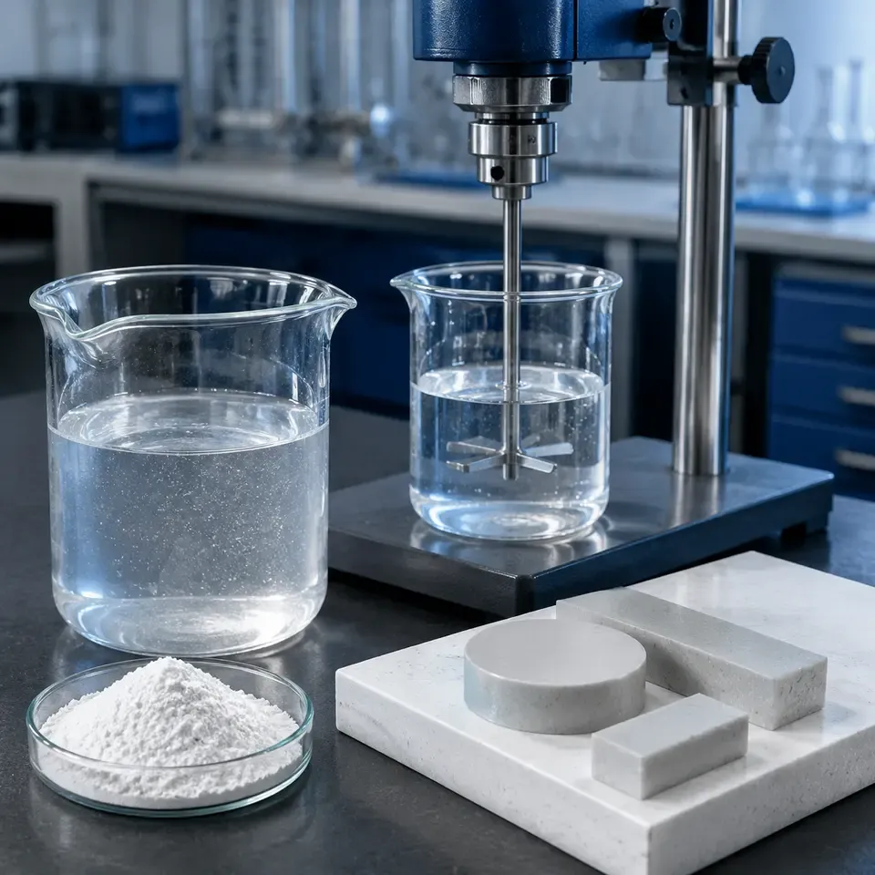 Resin compound viscosity and dispersion test with silica powder sample and mixing equipment