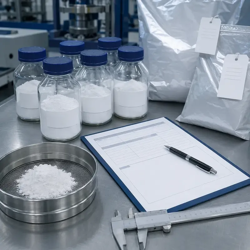 Silica powder RFQ specification sheet beside sample containers and particle-size tools