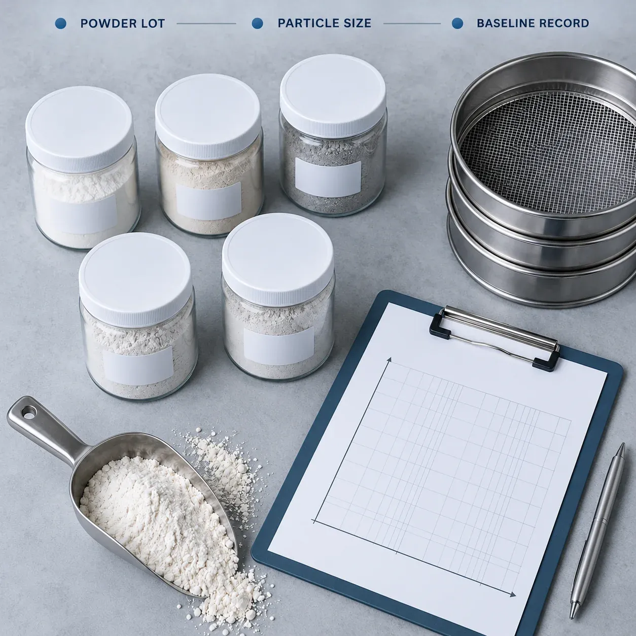 Sample jars of fused silica powder beside stacked test sieves and a blank trial record sheet.