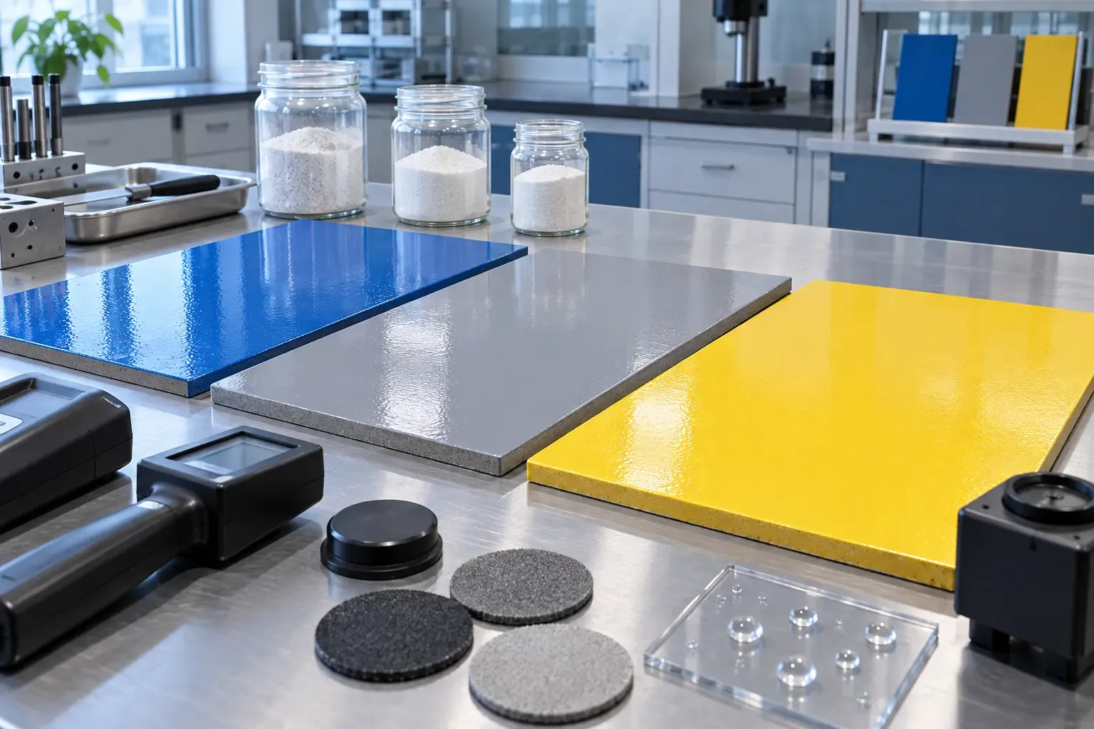 Quality inspection of cured epoxy flooring panels containing quartz powder