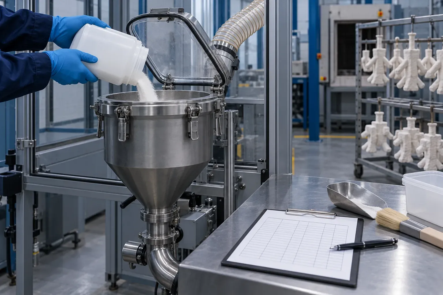Powder being transferred into an enclosed hopper with a blank process record nearby, illustrating a controlled handling trial.