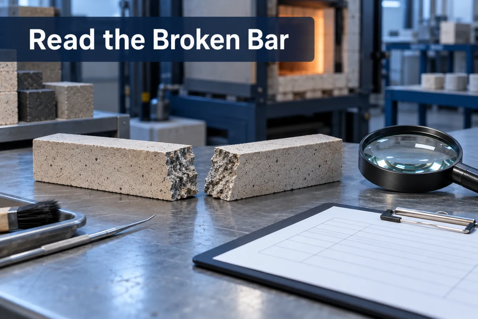 Read the Broken Bar Fractured refractory bars beside a magnifier