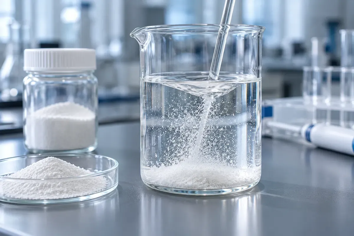 A beaker of clear extraction liquid with silica filler samples on a laboratory bench