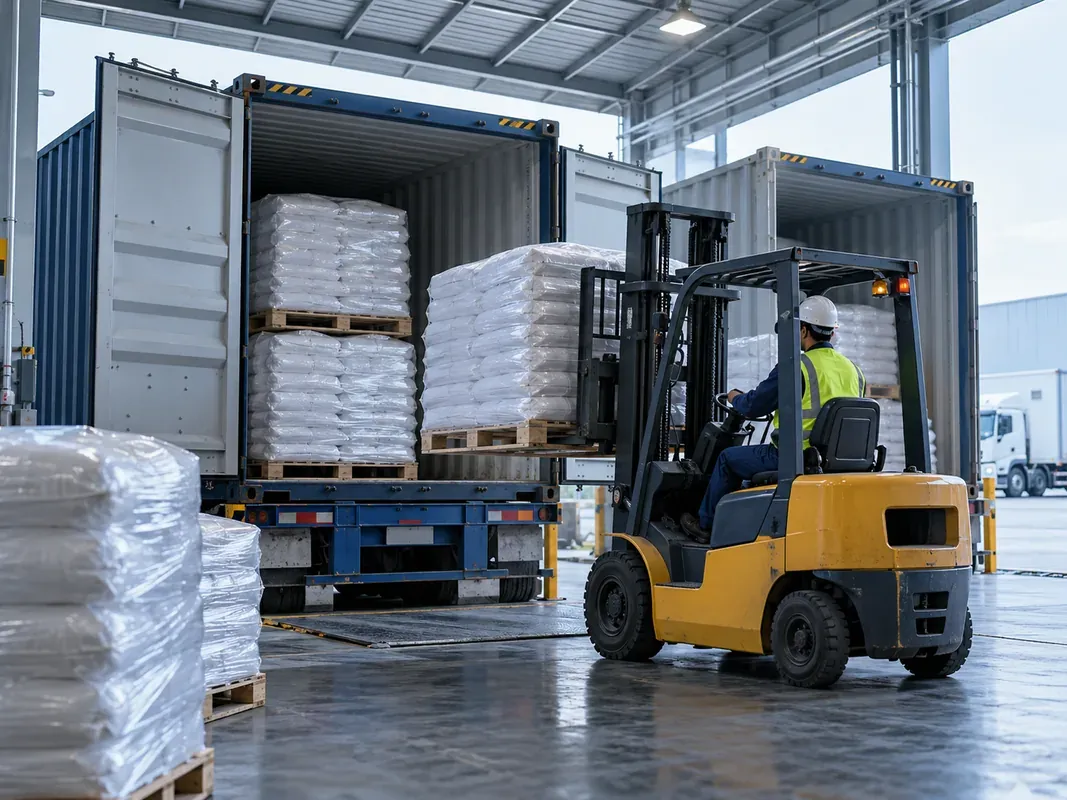 Worker checking sealed powder bags at an industrial receiving dock