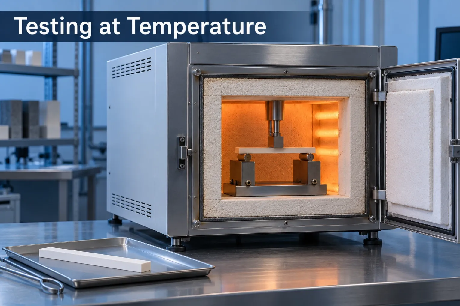 Testing at Temperature Laboratory furnace with a refractory bar and loading fixture