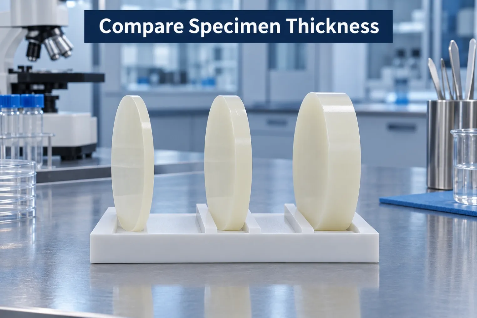 Compare Specimen Thickness Three epoxy plaques with different thicknesses on a sample holder