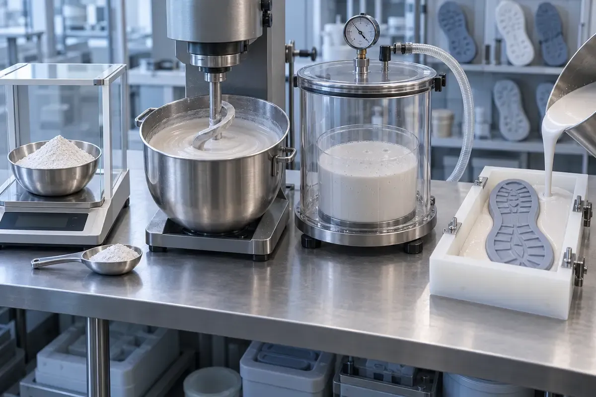 PV silica shoe mold slurry mixing and vacuum de-airing workflow